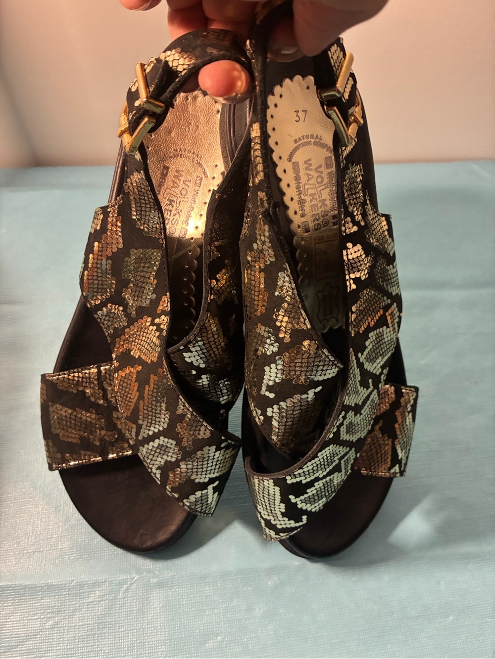 VOLKS WALKERS Women’s Black Snake-Print Leather Slingback Sandals Size 37